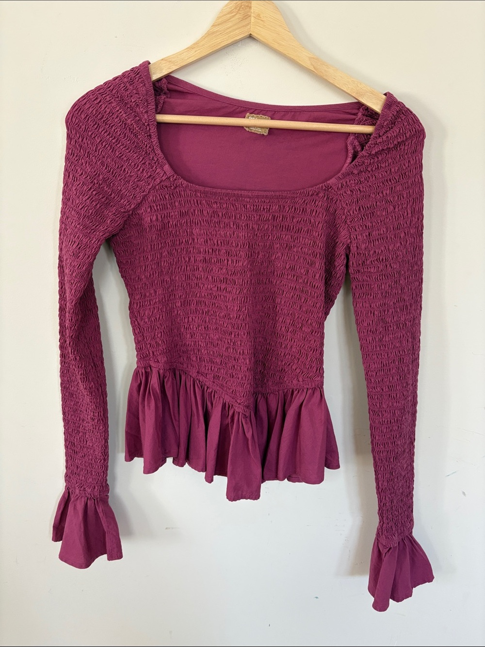 Free People Women’s Smocked Long-Sleeve Peplum Top - Berry
